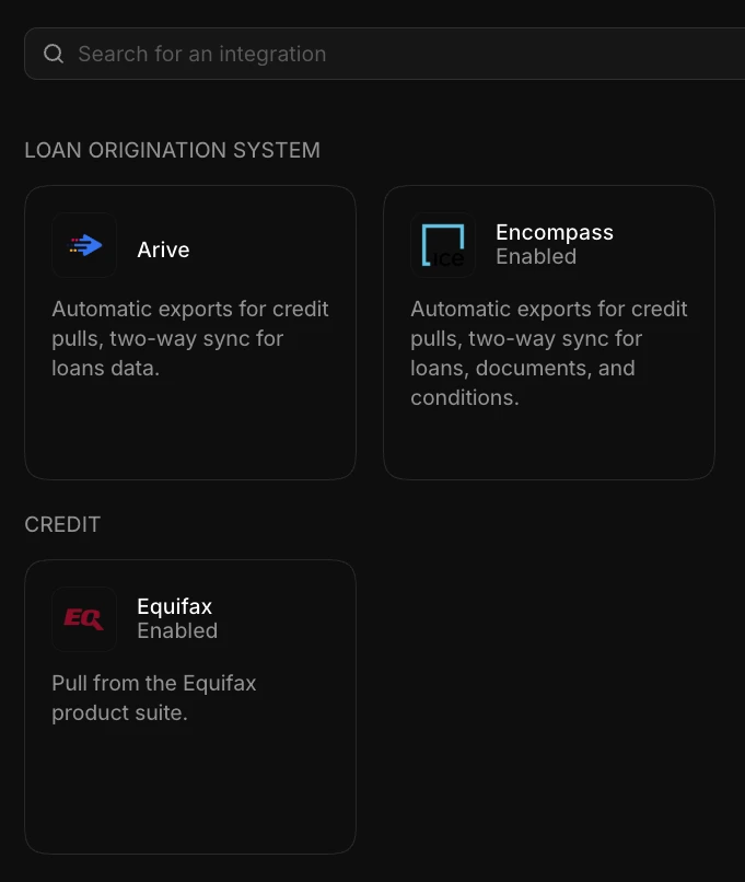 Gizmo integrations dashboard syncing mortgage platform data in dark mode